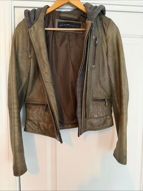 Marc New York Olive Leather Hooded Moto Jacket